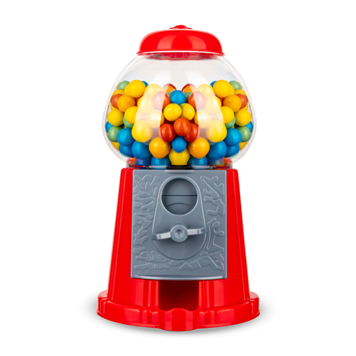 Gumball machine topped with a pile of colorful gumballs